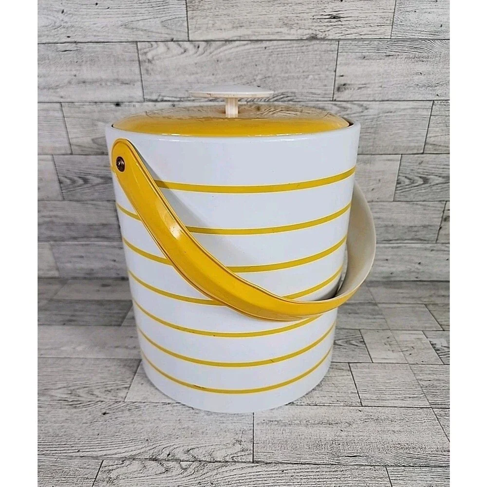 Vintage MCM Georges Briard Ice Bucket Yellow Orange w/ Lid 9